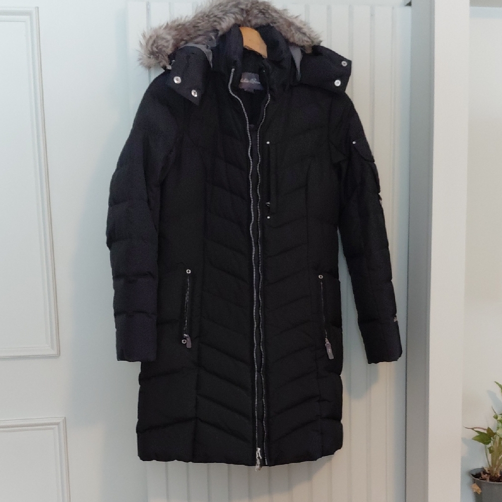 Eddie Bauer Black Puffer Jacket with Faux Fur Trim